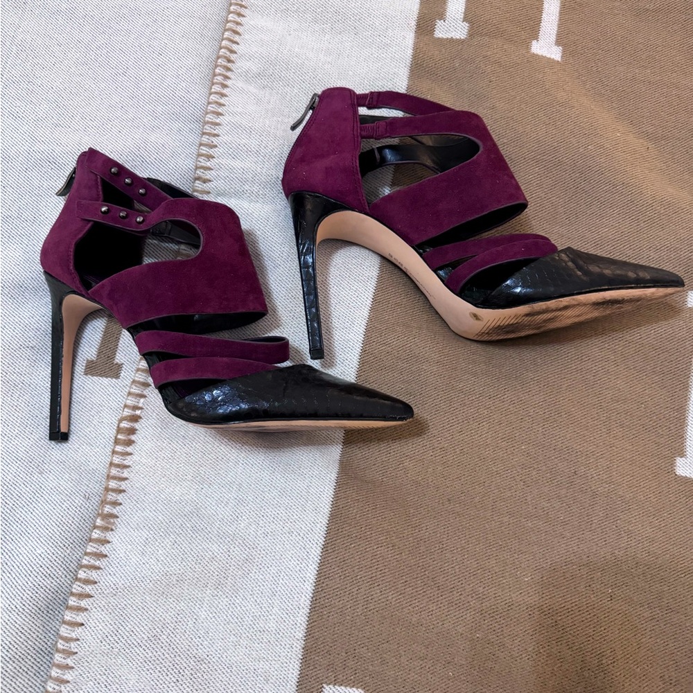 BCBGeneration burgundy suede and black snakeskin 4in” heels. Size 10M.